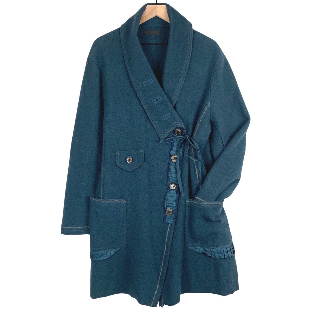 Ana Nonza 100% Boiled Wool Asymmetrical Ruffle Trim Wrap Coat Sz XL Teal Pockets